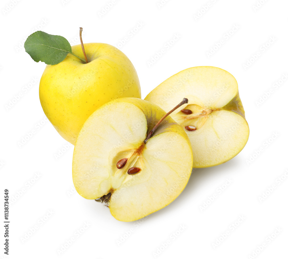 Whole and cut ripe yellow apples isolated on white Whole and cut ripe yellow apples isolated on white