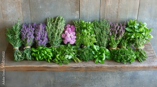 Fresh herbs arranged on rustic wooden shelf showcasing vibrant colors and tex...