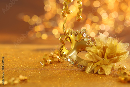 Beautiful carnival mask on golden shiny surface, closeup. Space for text photo