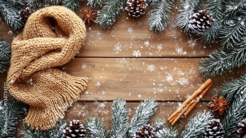 Warm scarf surrounded by pine branches and winter decorations on wooden table...