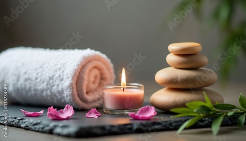 Tranquil spa scene featuring a lit candle, smooth pebbles, rolled towel, pink flower petals, and bamboo leaves, evoking calmness, elegance, and relaxation ideal for wellness, therapy, and self-care se