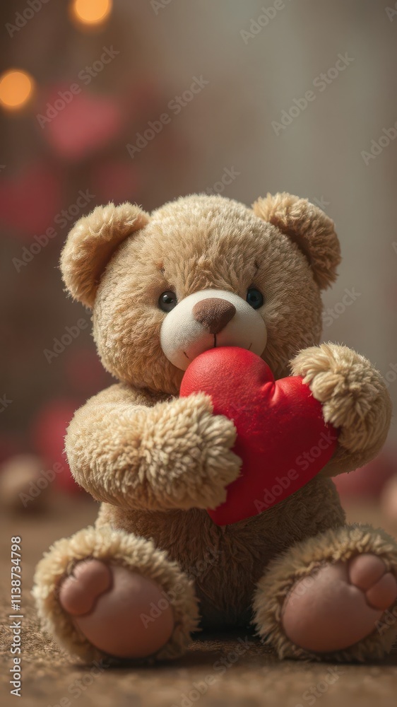 Fototapeta premium Soft brown teddy bear clutching a red heart, tenderness,gentle,stuffed toy bear