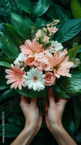 Beautiful bouquet of pastel flowers held against lush green leaves in natural...