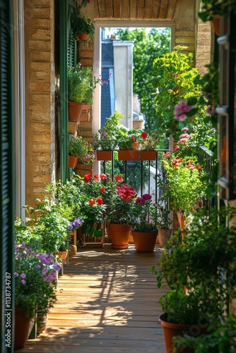 Colorful balcony garden with plants and city skyline in bright daylight