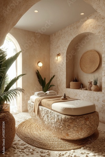 Tranquil spa treatment room with natural elements and soothing ambiance for r...
