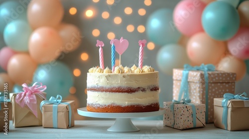 Colorful birthday celebration with cake and presents in a festive setting