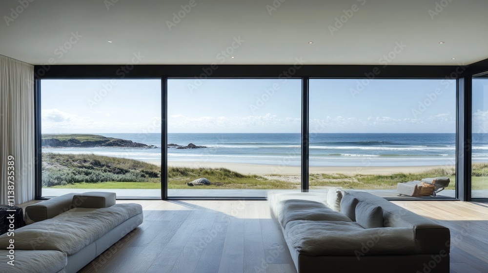 Fototapeta premium Modern living room with panoramic ocean view.
