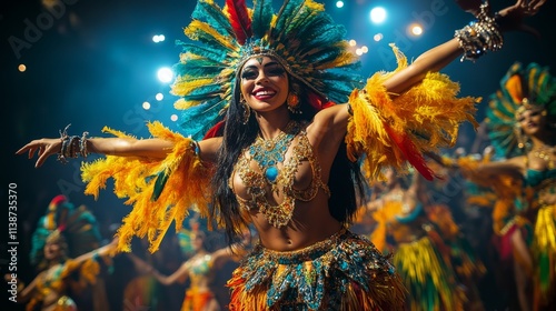 Elegant dancers performing in vibrant costumes during a lively celebration at...