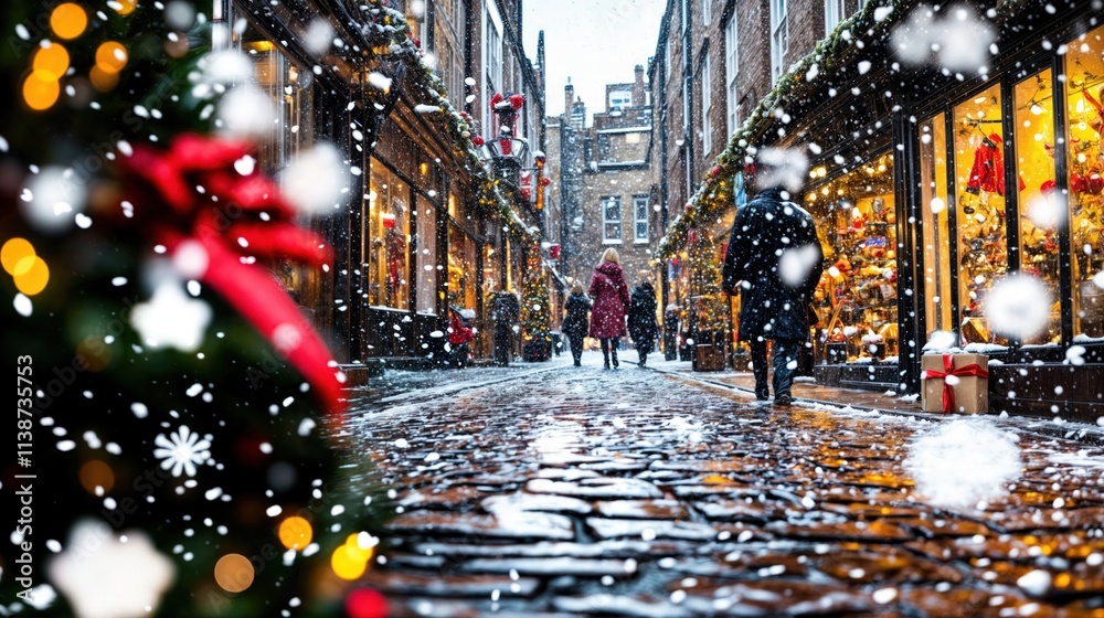 Festive Christmas shopping street with snow falling, decorated storefronts and warm holiday lights