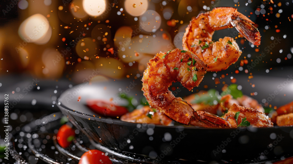 A visually striking action shot of golden-brown fried prawns mid-air, coated with rich seasoning and garnished with fresh herbs, against a bokeh-lit background.
A visually striking action shot of golden-brown fried prawns mid-air, coated with rich seasoning and garnished with fresh herbs, against a bokeh-lit background.