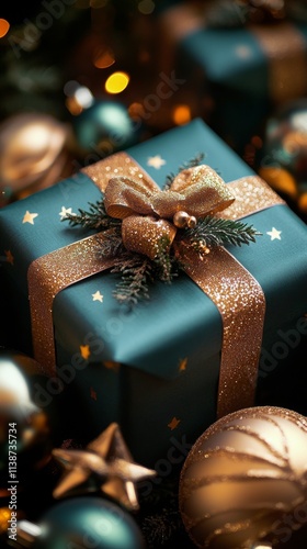 Beautifully wrapped Christmas gifts with elegant decorations and festive back...