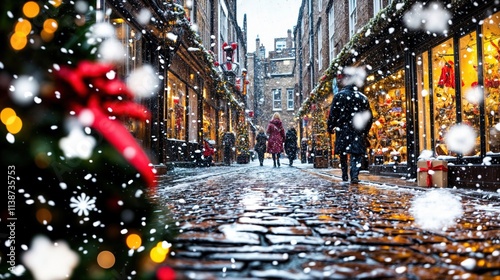 Obraz na płótnie Festive Christmas shopping street with snow falling, decorated storefronts and warm holiday lights
w salonie