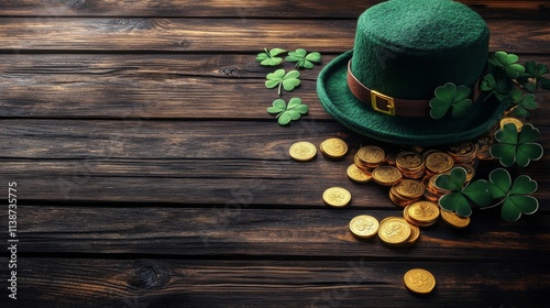 Green hat and gold coins arranged with clovers on wooden surface for festive ...