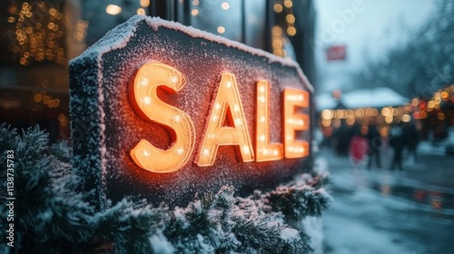Sale sign covered in frost on a chilly winter day in a quiet outdoor setting