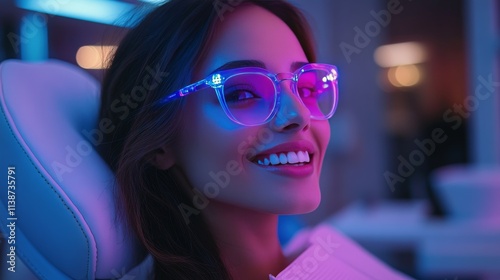 Bright smile of a woman with futuristic glasses in a vibrant urban setting at...