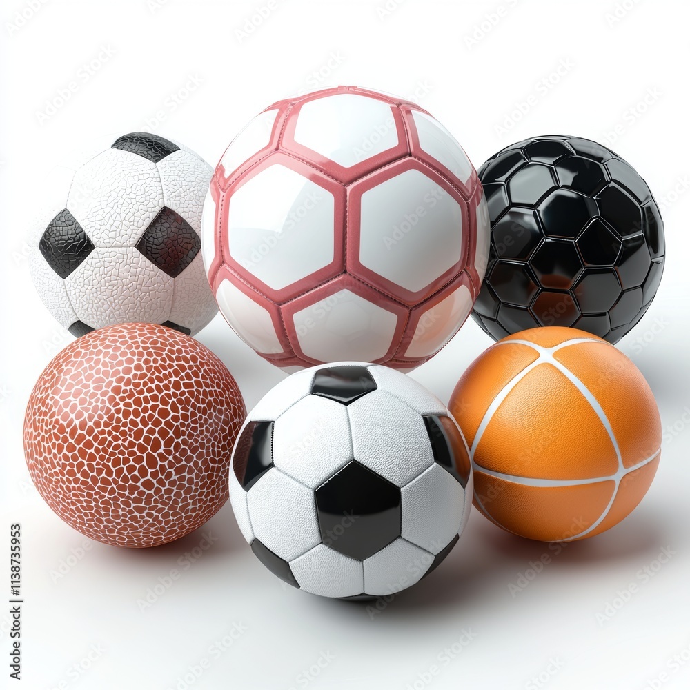 Obraz premium A collection of various sport balls including basketball, soccer ball, volleyball, rugby ball, tennis ball, baseball, golf ball, and ping-pong ball, isolated on a white background, representing the