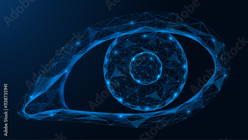 Human eye. A polygonal object made of interconnected lines and points. Blue background.