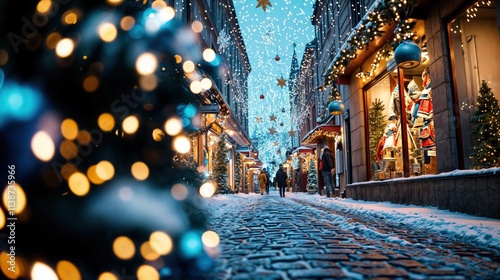 Magical Christmas market with twinkling lights, snowy street, and festive decorations at night
