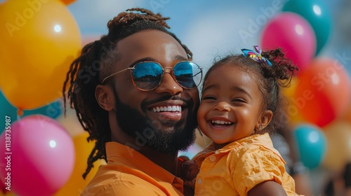 Joyful father and daughter enjoy a vibrant celebration with colorful balloons...