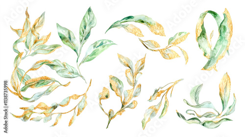 Watercolor Illustration Set of Green and Gold Leaf Branches for Elegant Wedding Stationery, Greeting Cards, Wallpapers, Fashion Designs, and Backgrounds. photo