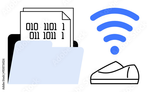 File folder containing binary code pages next to a wireless signal and device. Ideal for data sharing, wireless communication, networking, cloud storage, remote access, digital encryption, data