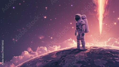 Astronaut on alien planet witnessing meteor shower.