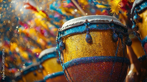 Colorful drums decorated with confetti at a vibrant street festival celebration