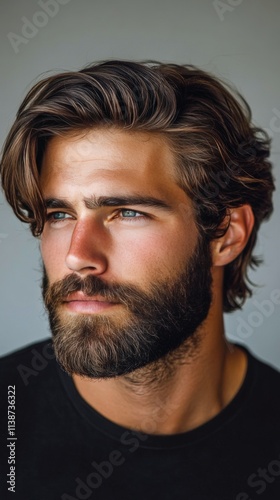 Young man with tousled hair and beard gazes thoughtfully into the distance in...