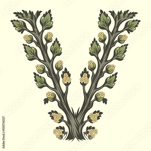 Symmetrical stylized tree with yellow flowers and green leaves photo