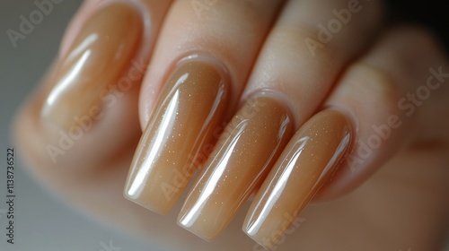 Elegant nude nails with subtle shimmer in a close up view of manicured hand