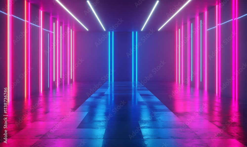 Glowing neon lights in a corridor with vibrant pink, purple and blue hues. Glowing neon lights in a corridor with vibrant pink, purple and blue hues.