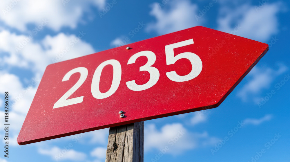 Bright Red Road Sign Marking the Year 2035 Against a Blue Sky Bright Red Road Sign Marking the Year 2035 Against a Blue Sky