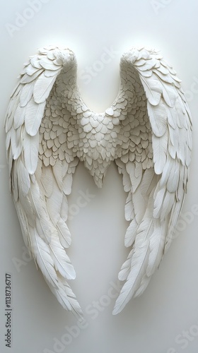 Beautiful white angel wings sculpture created from delicate materials on a ne...