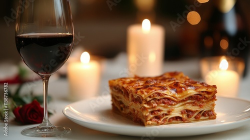 Romantic dinner with lasagna and wine at a candlelit table setting for two