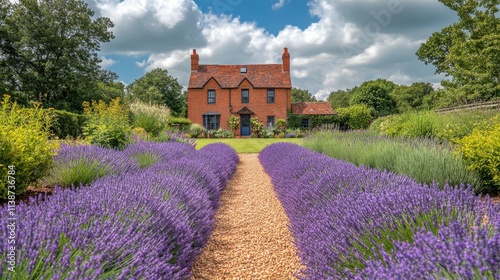 Expansive lavender garden lining a scenic stone pathway in bright daylight
