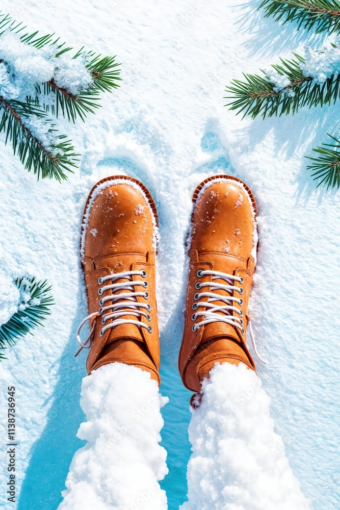 Winter boots in fresh snow with pine branches, top-down view of snowy outdoor scene