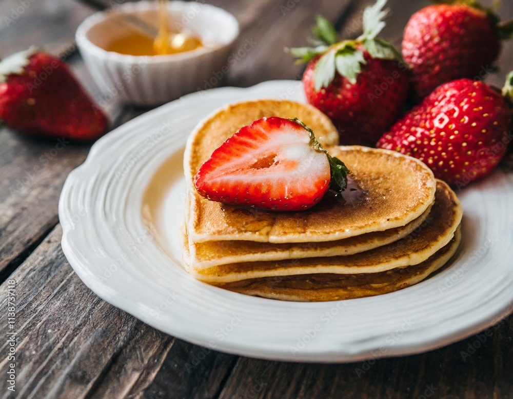 Romantic Valentine Heart-Shaped Pancakes with Fresh Strawberries and Honey Drizzle Romantic Valentine Heart-Shaped Pancakes with Fresh Strawberries and Honey Drizzle