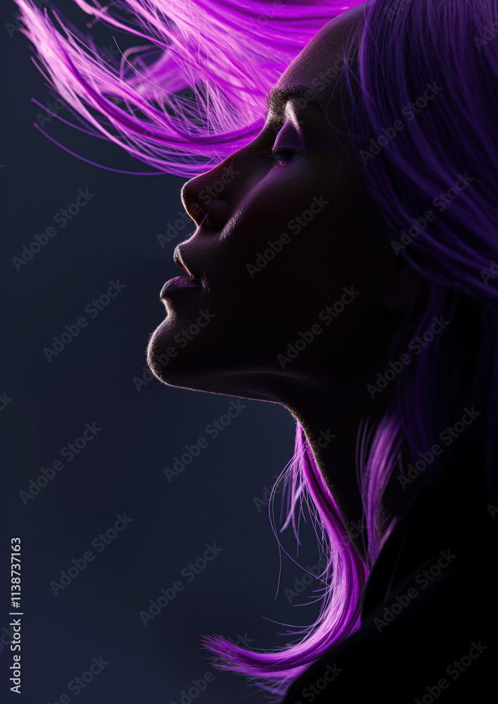 A stunning side-profile silhouette of a woman with flowing vibrant purple hair against a dark background. The artistic lighting highlights her elegant features and dynamic hair movement.
A stunning side-profile silhouette of a woman with flowing vibrant purple hair against a dark background. The artistic lighting highlights her elegant features and dynamic hair movement.