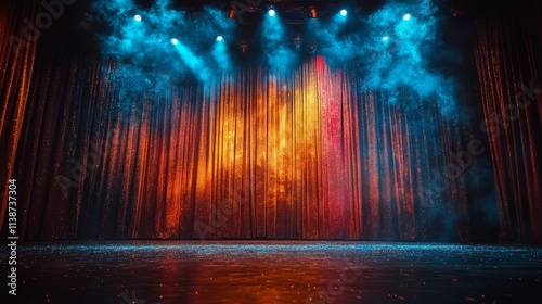 Spotlight shining on stage with red curtains in an empty theatre setting