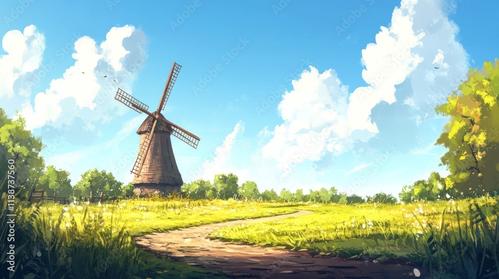Idyllic windmill in a sun-drenched field. Idyllic windmill in a sun-drenched field.