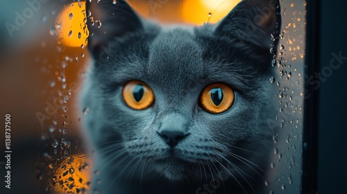 Curious cat gazes through raindrop covered window on a rainy evening
