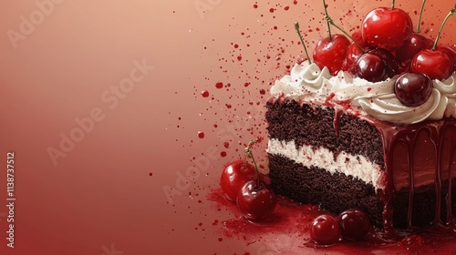 Delicious cherry cake with whipped cream and mint leaves arranged beautifully...