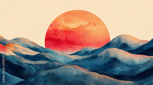 Sunset over tranquil water in modern architecture with circular sculptures on...