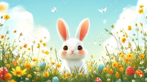 Happy bunny surrounded by colorful eggs in a vibrant garden during springtime