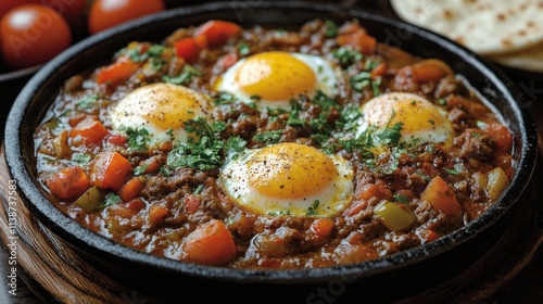Delicious breakfast skillet with eggs, vegetables, and spices served in a rus...