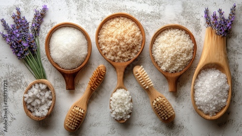 Variety of natural bath salts and lavender on a wooden surface for relaxation