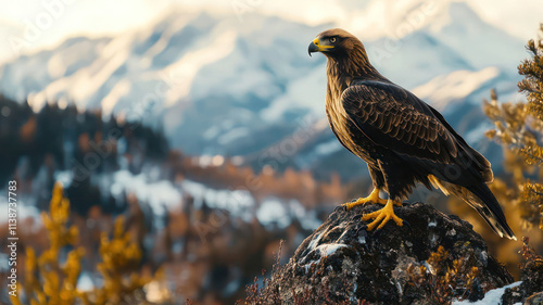 A golden eagle perched on a rocky cliff overlooking a vast canyon.