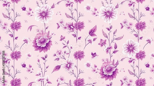 Seamless purple floral wallpaper with delicate blooms and foliage, design, background, wallpaper