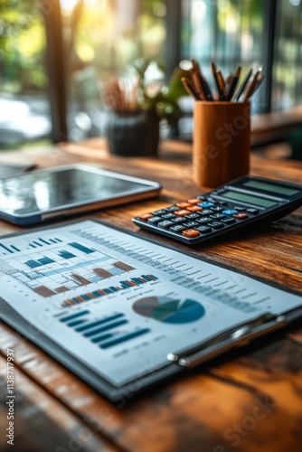 Analysis of financial data with calculator and glasses on the wooden desk