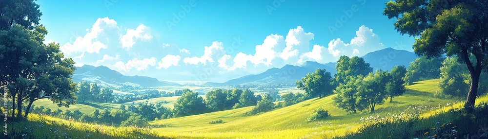 Fototapeta premium Serene landscape view rolling hills nature scene vibrant greens peaceful environment daytime bliss